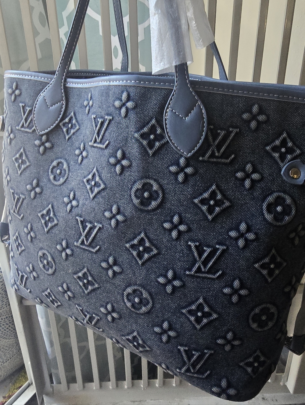 Cotton Denim Deluxe Embross Monogram Travel Everywear Tote Bag - Picture 10 of 16